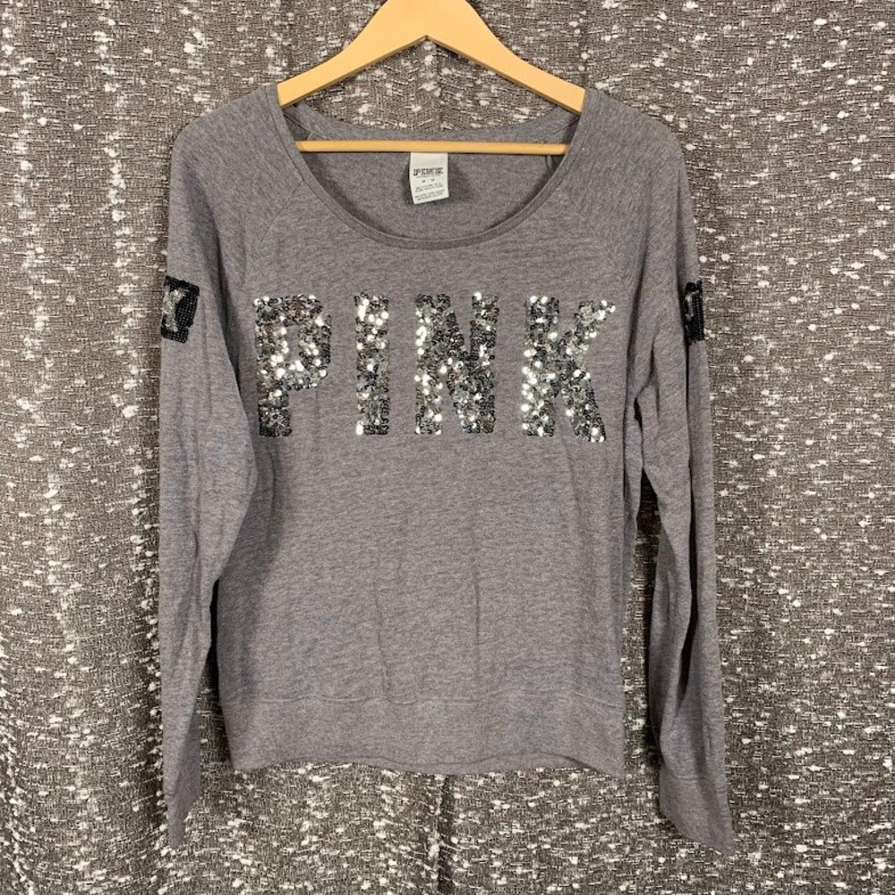 Victoria's Secret PINK Sequin Logo Pullover Gray Long Sleeve Top Women's Medium